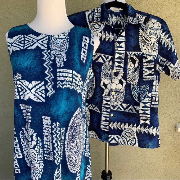 🌺 Vintage Hawaiian Barkcloth Dress & Shirt Set Tikis - Picture 3 of 16